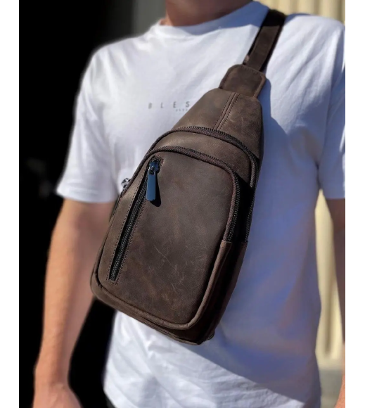 Мужской слинг из кожи 17х30х6, крейзи хорс для телефона 6349 коричневый