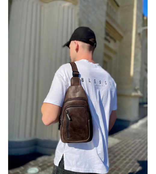 Мужской слинг из кожи 17х30х6, крейзи хорс для телефона 6349 коричневый