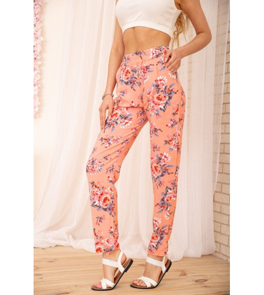 Літні бавовняні штани з квітковим принтом колір Персиковий 172R65-1