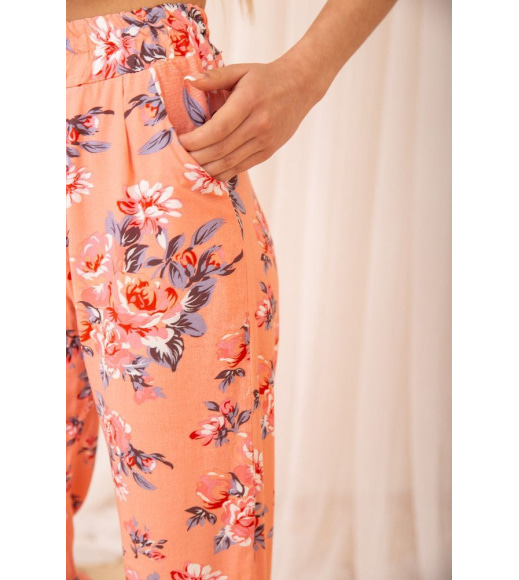 Летние хлопковые штаны с цветочным принтом цвет Персиковый 172R65-1