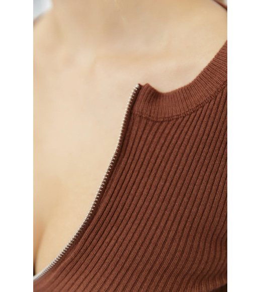 Кофта женская на молнии в рубчик, цвет коричневый, 204R003