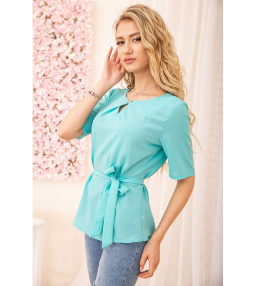 Блузка з короткими рукавами і поясом колір Бірюзовий 172R21-1