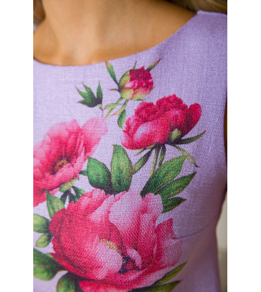 Коротка лляна сукня, з квітами Півонії, колір Бузковий, 172R018-1