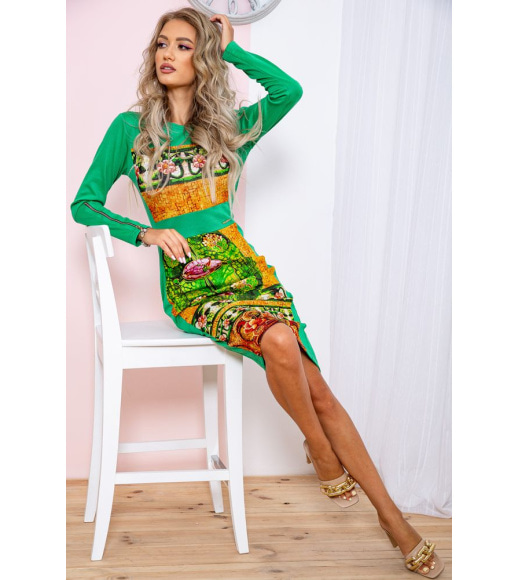 Приталенное платье средней длины, в принт зеленого цвета, 167R067-2