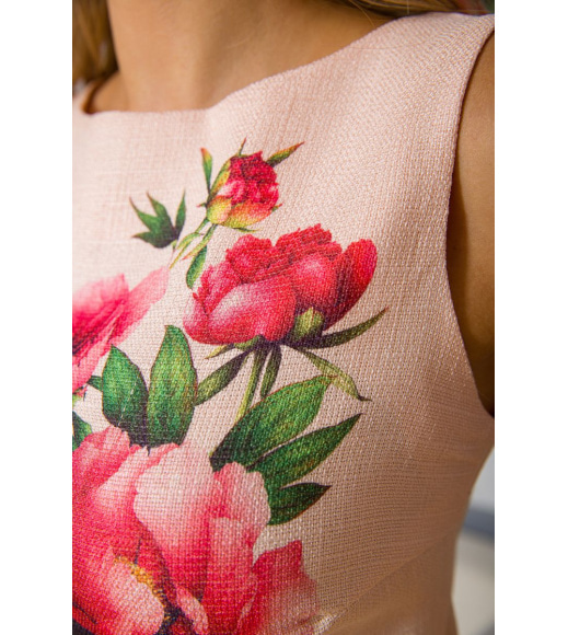 Коротка лляна сукня, з квітами Півонії, колір Світло-персиковий, 172R018-1