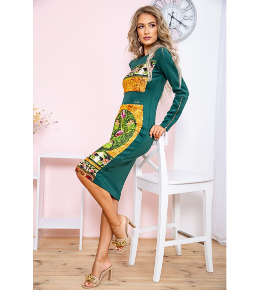 Приталена сукня середньої довжини, в принт темно-зеленого кольору, 167R067-2