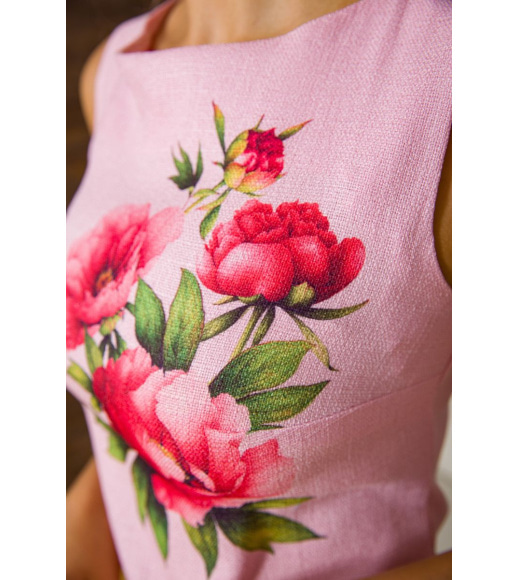 Короткое льняное платье, с цветами Пионы, цвет Розовый, 172R018-1