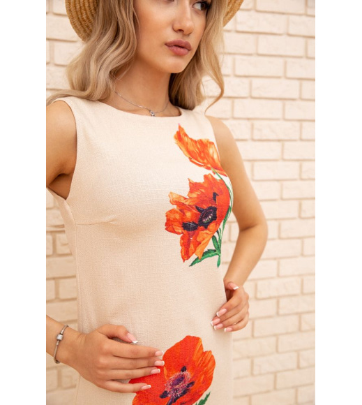 Короткое платье из льна, с цветами Маки, цвет Бежевый, 172R019-1