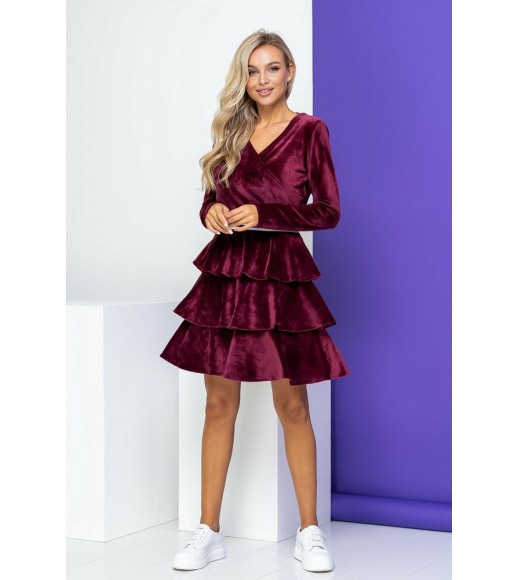 Велюрова сукня, з пишною спідницею, бордового кольору, 153R2127
