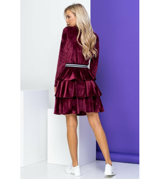 Велюровое платье, с пышной юбкой, бордового цвета, 153R2127