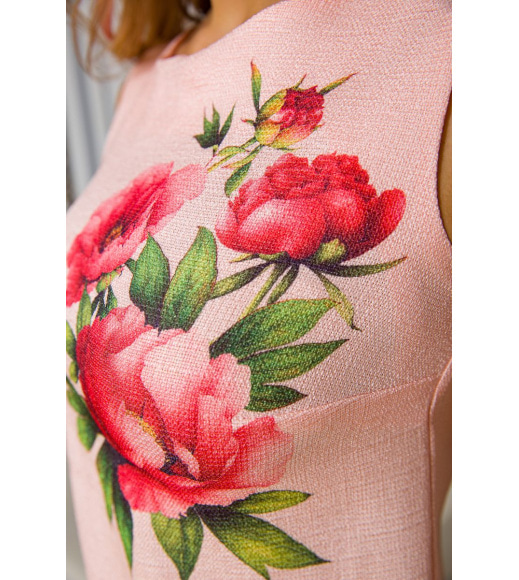 Короткое льняное платье, с цветами Пионы, цвет Персиковый, 172R018-1