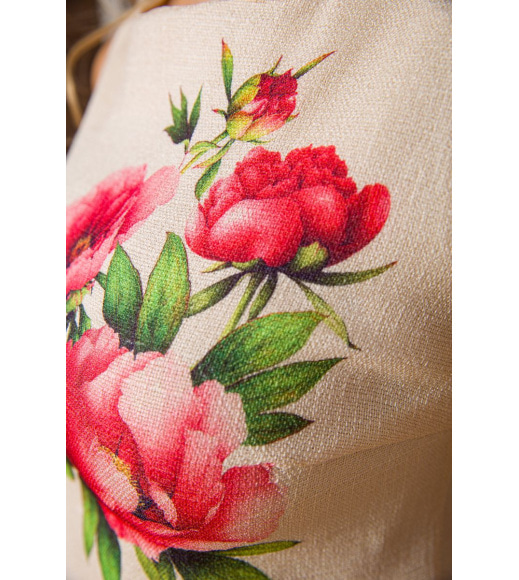 Короткое льняное платье, с цветами Пионы, цвет Бежевый, 172R018-1