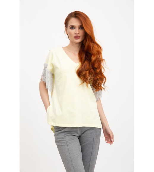 Футболка-блузка нарядная женская вырез декольте, рукав с бахромой 117R107 Желтая