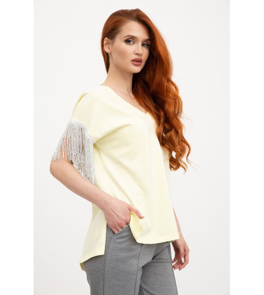 Футболка-блузка нарядная женская вырез декольте, рукав с бахромой 117R107 Желтая