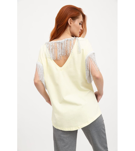 Футболка-блузка нарядная женская вырез декольте, рукав с бахромой 117R107 Желтая