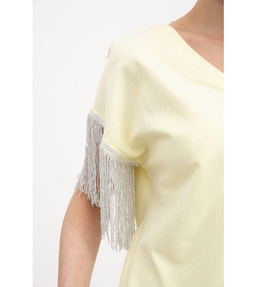 Футболка-блузка Нарядна жіноча виріз декольте, рукав з бахромою 117R107 Жовта