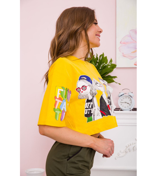 Женская футболка свободного кроя, желтого цвета с принтом, 117R1020
