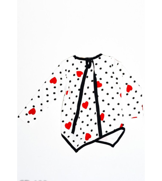 Білий трикотажний асиметричний батнік в горошок і принтом з червоними сердечками