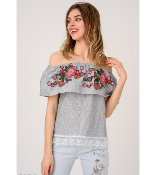 Серая полосатая открытая блуза с цветочным узором и кружевом