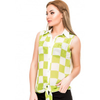 Шифоновая блузка без рукавов в салатовую и белую шахматную клетку