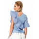 Річна блузка в синю і білу смужку асиметричного крою зі скошеним воланом