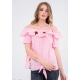Розовая клетчатая блузка с отворотом-воланом и вышивкой
