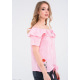 Розовая клетчатая блузка с отворотом-воланом и вышивкой