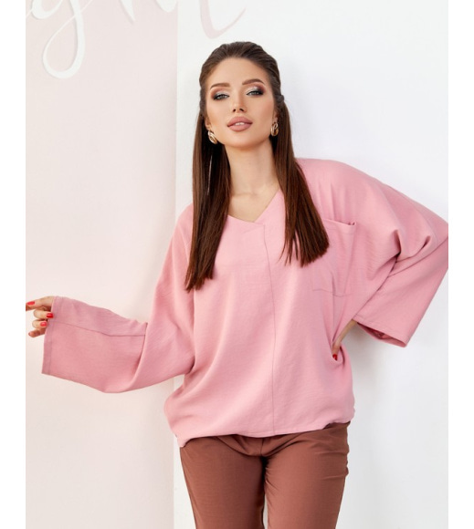 Рожева вільна блуза з кишенею