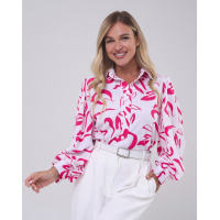 Бело-розовая принтованная рубашка с объемными рукавами