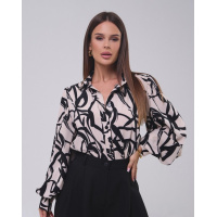 Черно-бежевая принтованная рубашка с объемными рукавами
