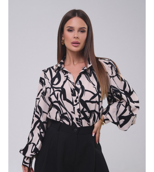 Черно-бежевая принтованная рубашка с объемными рукавами