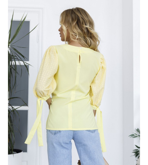 Жовта комбінована блуза з рукавами-ліхтариками