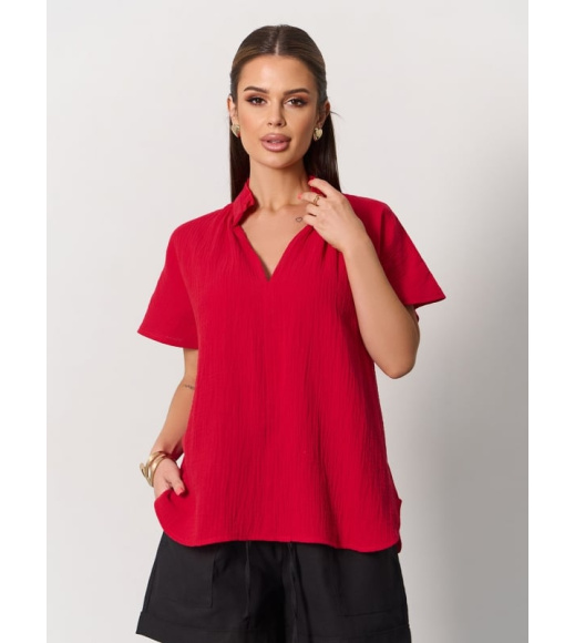 Красная свободная блуза из муслина