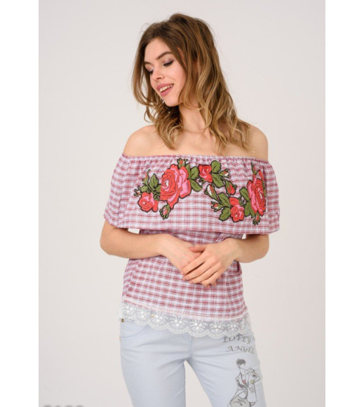 Бордова бавовняна блуза в клітку з квітами та мереживом