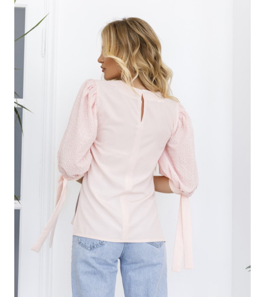 Розовая комбинированная блуза с рукавами-фонариками