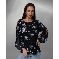 Черная принтованная блуза с разрезами на рукавах