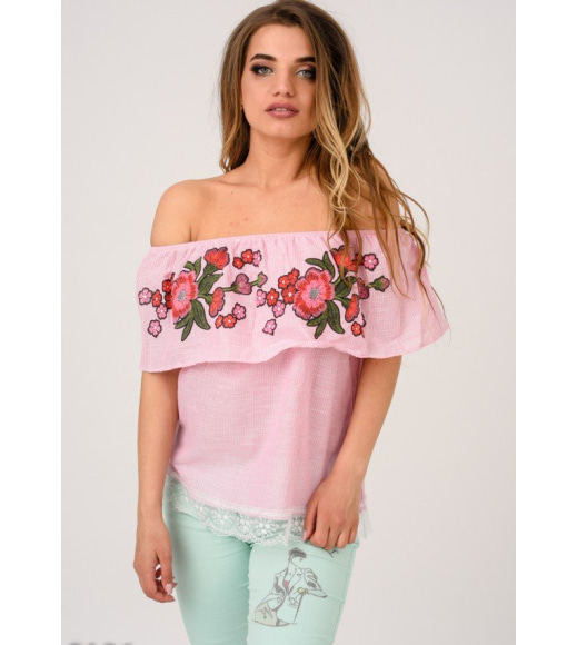 Розовая полосатая открытая блуза с цветочным узором и кружевом