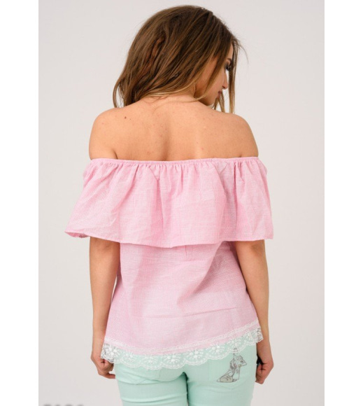 Розовая полосатая открытая блуза с цветочным узором и кружевом