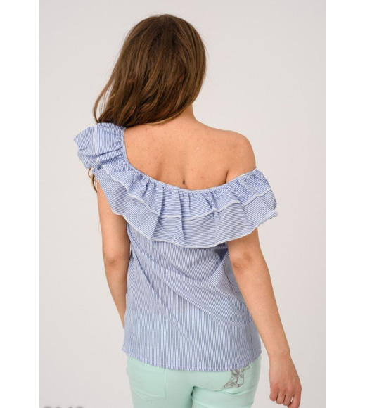 Синяя удлиненная блузка в полоску с двойным отворотом