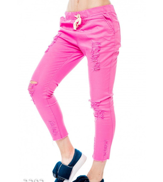 Розовые укороченные рваные джинсы со шнурком в поясе