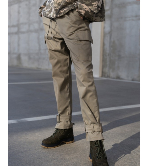 Коттоновые брюки цвета хаки в стиле милитари
