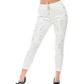Білі джинсові брюки з прорізами і намистинками