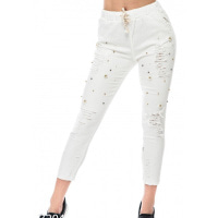 Белые джинсовые брюки с прорезями и бусинками