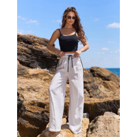 Молочные льняные широкие брюки с лампасами