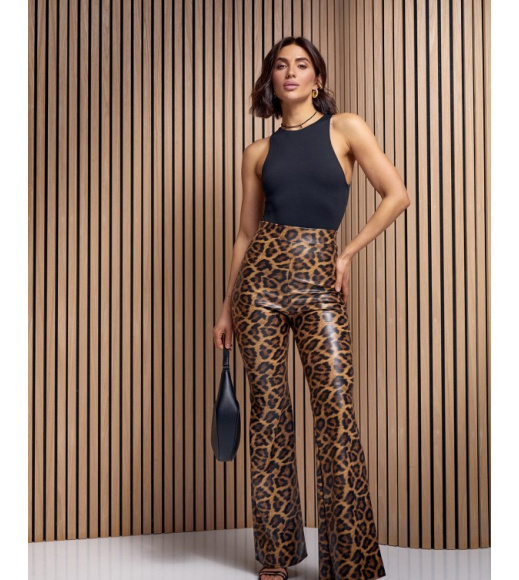Леопардовые кожаные брюки клеш
