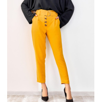 Горчичные креповые брюки высокой посадки