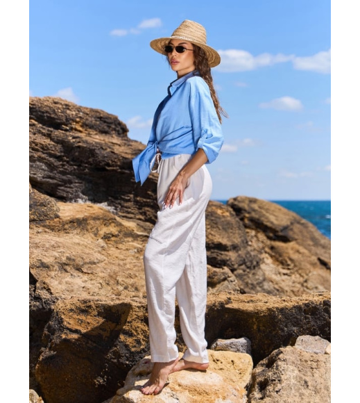 Брюки бананы из молочного текстурированного льна