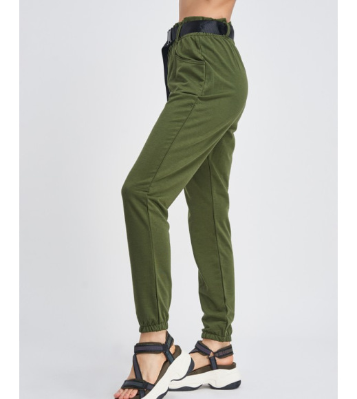 Трикотажные брюки цвета хаки с высокой посадкой