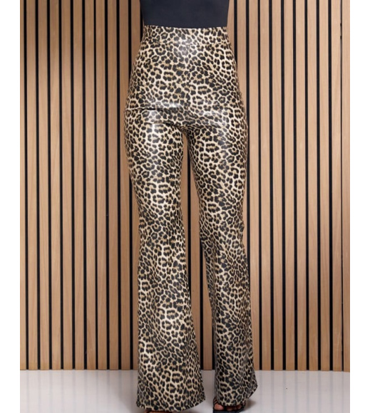 Леопардовые брюки клеш из эко-кожи