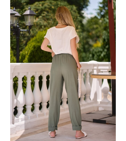 Оливковые льняные брюки бананы